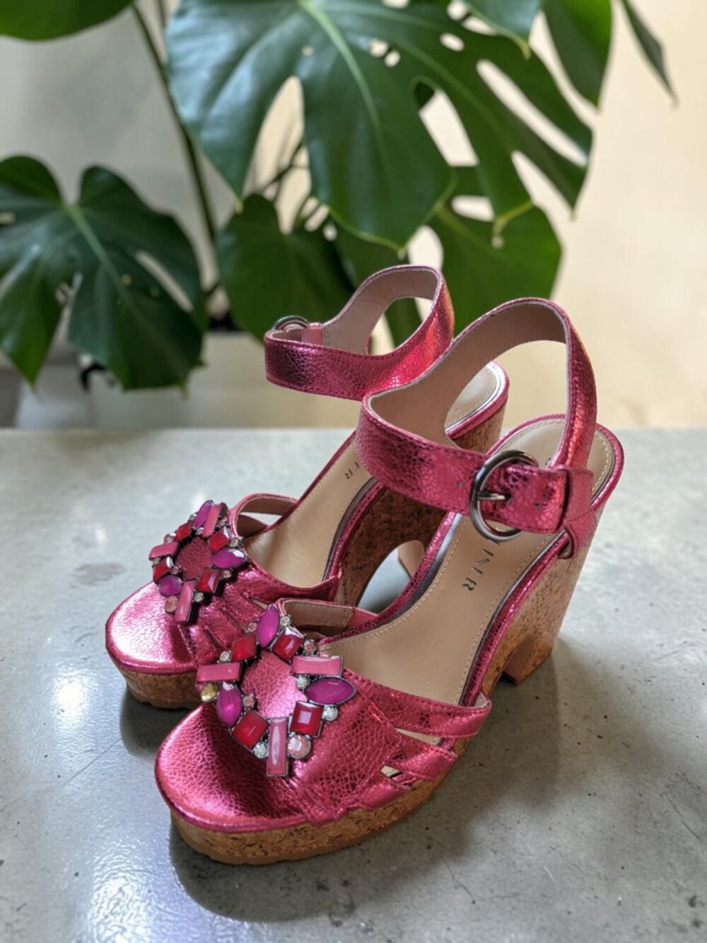 Donald Pliner Galatea Hot Pink Metallic Jeweled Party Cork Wedge Sandals 6.5